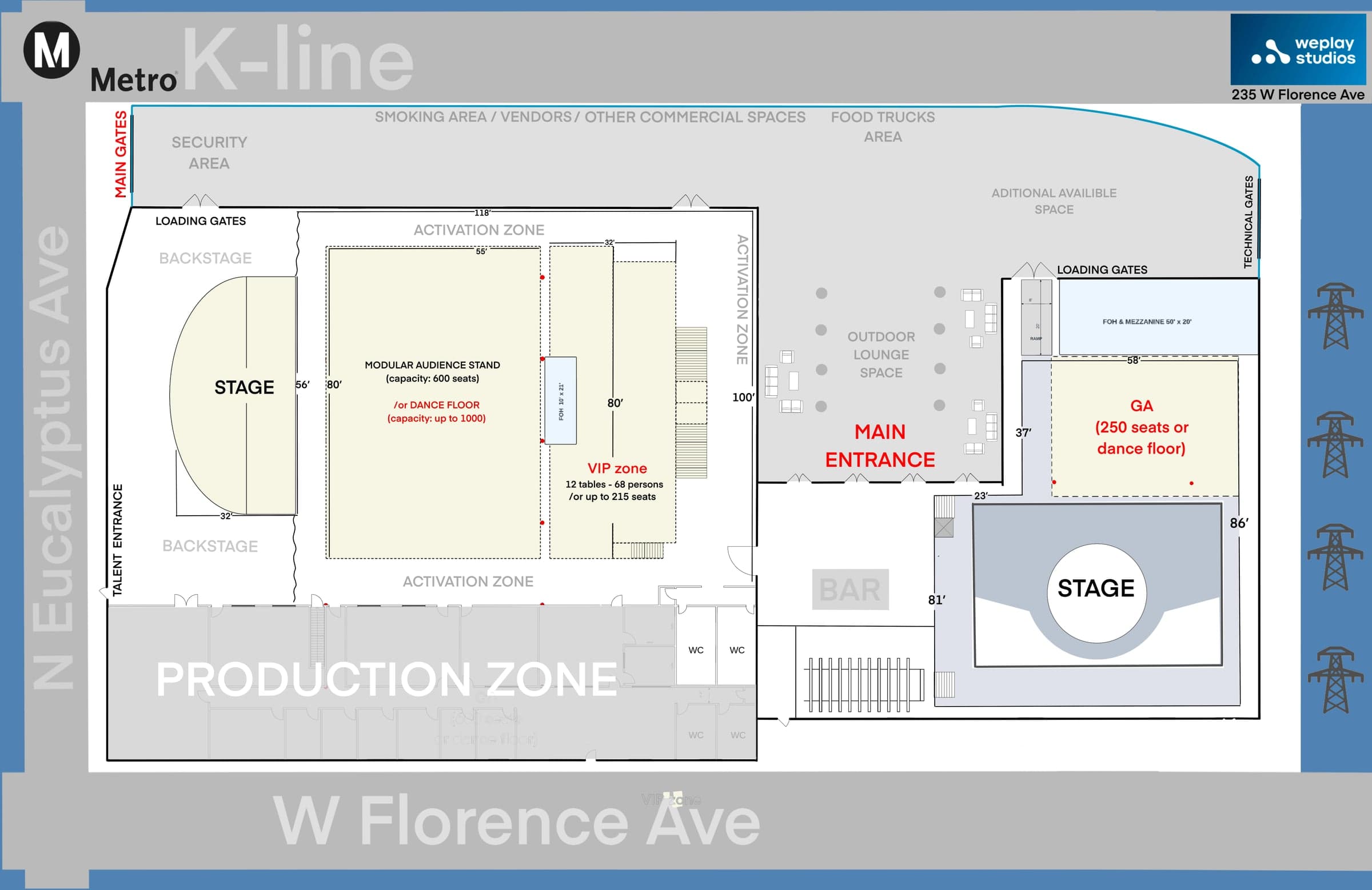 WePlay Studios 1st Floor Layout — Stage A (LED Volume), Stage B (Esports Arena), GA Area, VIP Zone, Outdoor Lounge, and support spaces